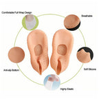 Person wearing toe-free silicone gel socks for cracked heel treatment and moisturizing.