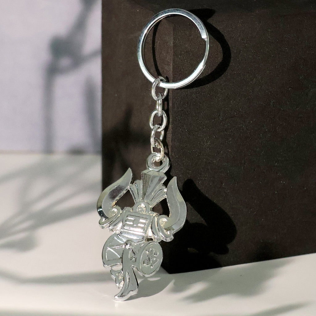 Silver Trishul Damru Shiv symbol keychain highlighting spiritual design