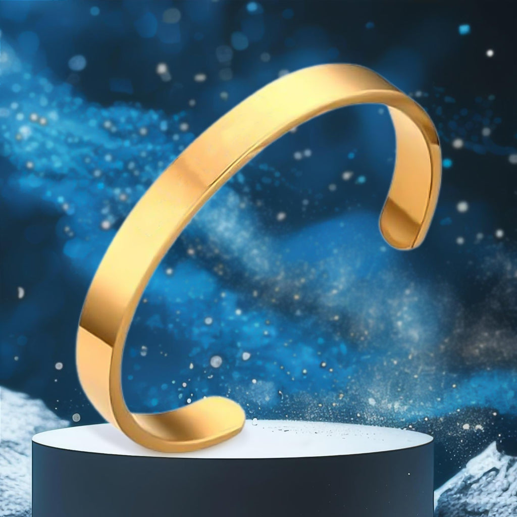 Front view of gold finish open cuff bracelet Kada with adjustable ends
