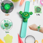 Multiple colorful kids' spinning cartoon bracelets displayed, showcasing their vibrant LED lights.