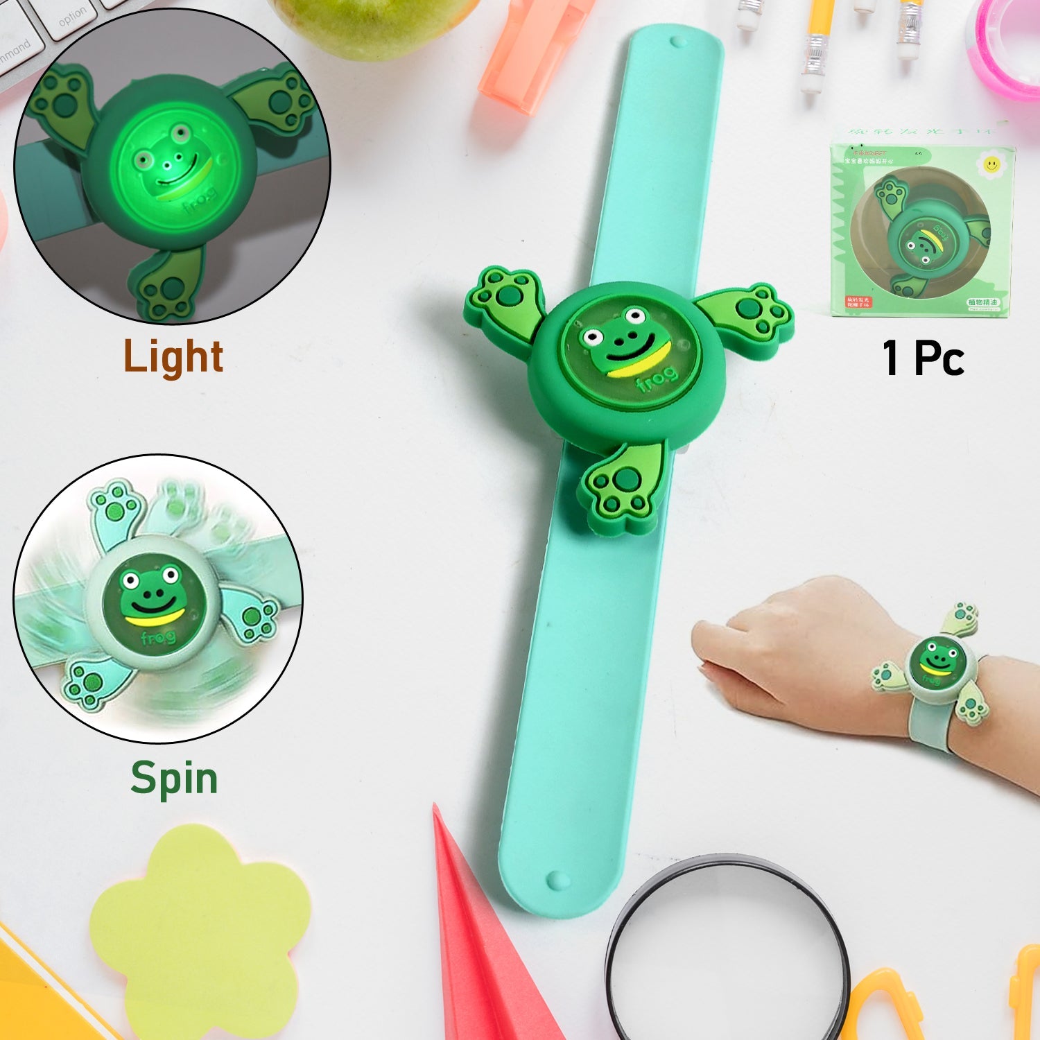 Multiple colorful kids' spinning cartoon bracelets displayed, showcasing their vibrant LED lights.