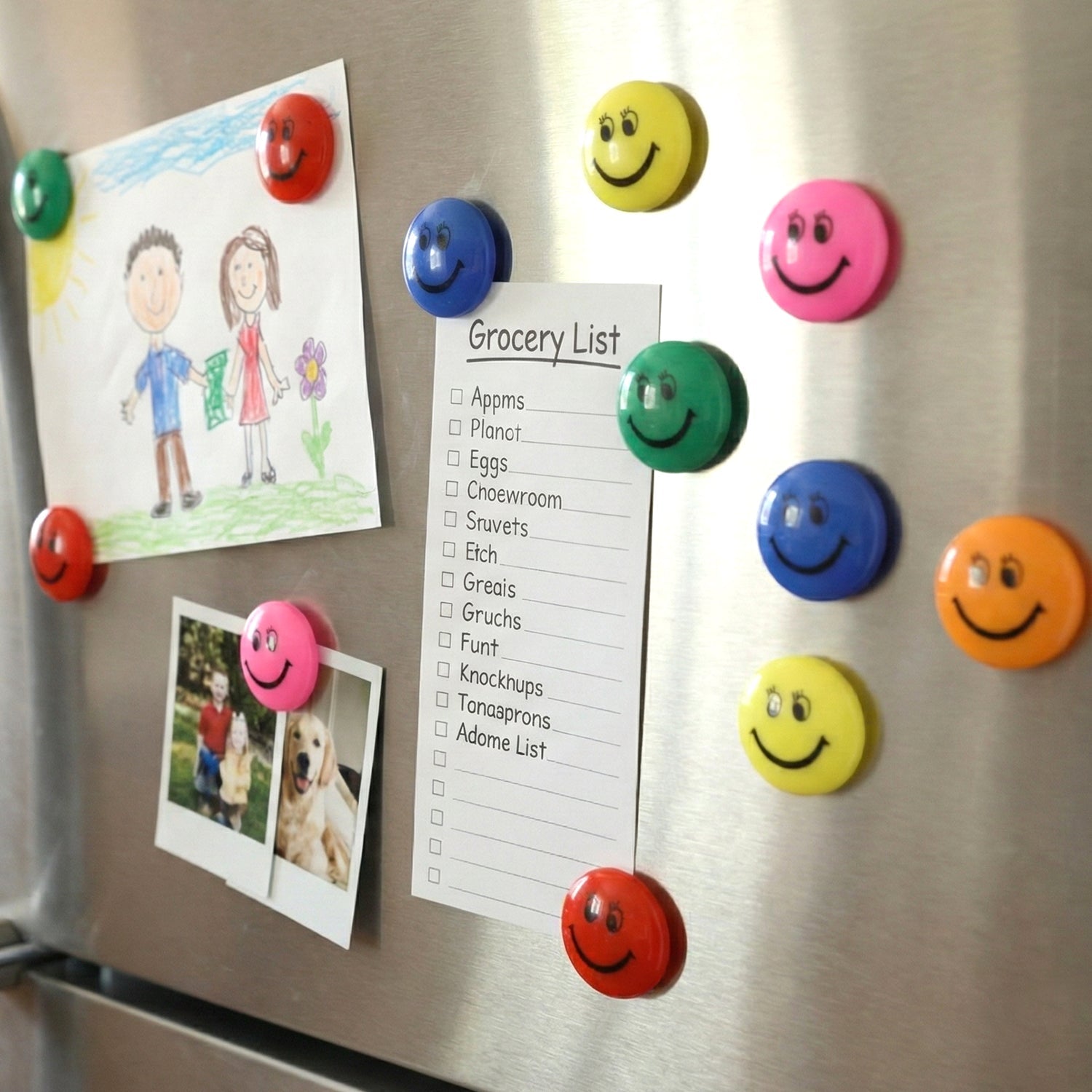 Round smiley face fridge magnets holding notes securely