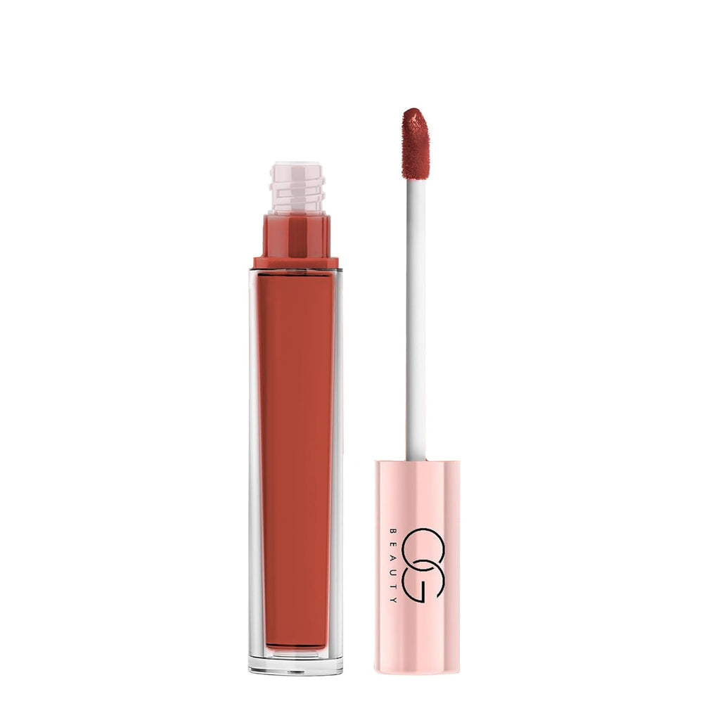Satin finished Coffee Glow lipstick showcasing smooth texture and color