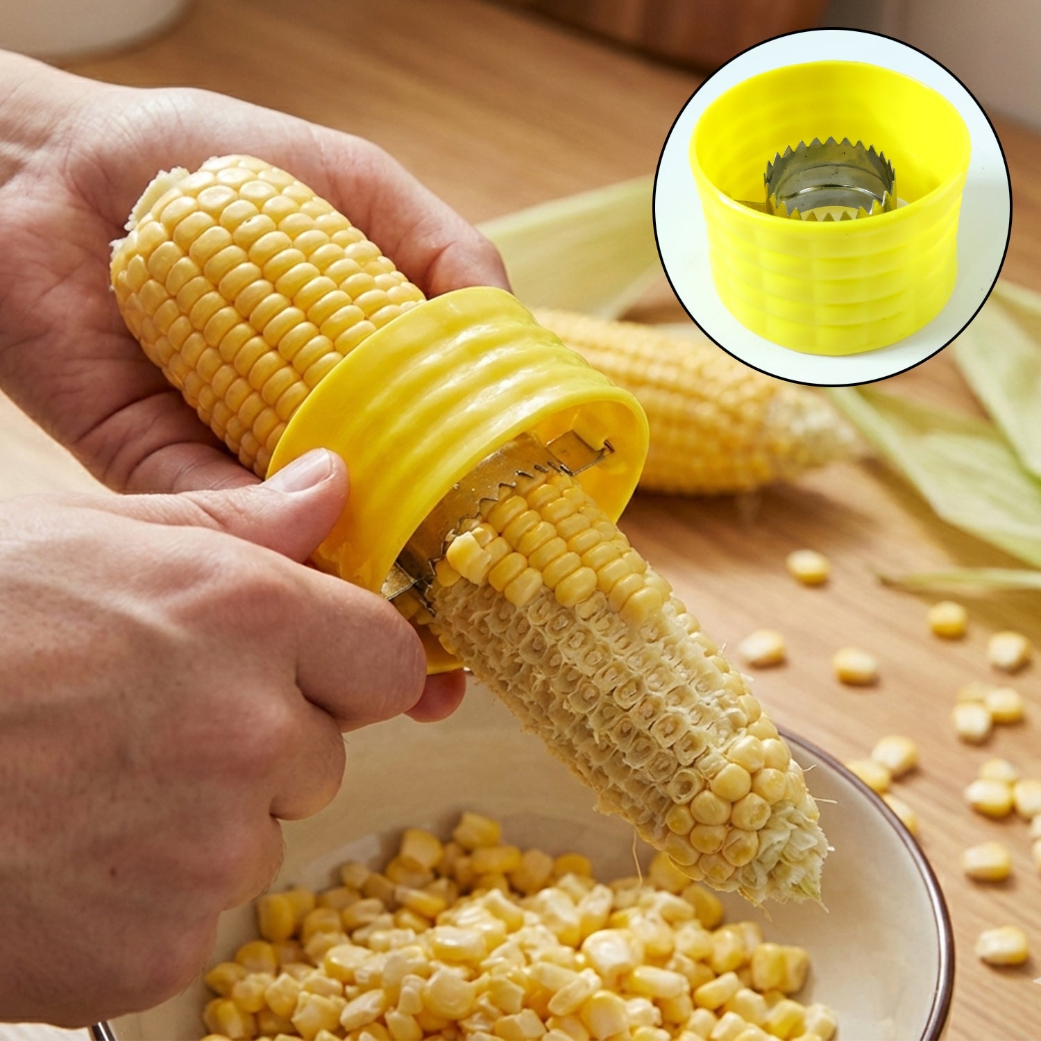 Close-up view of corn stripper cutter blade showing circular blade for kernel removal