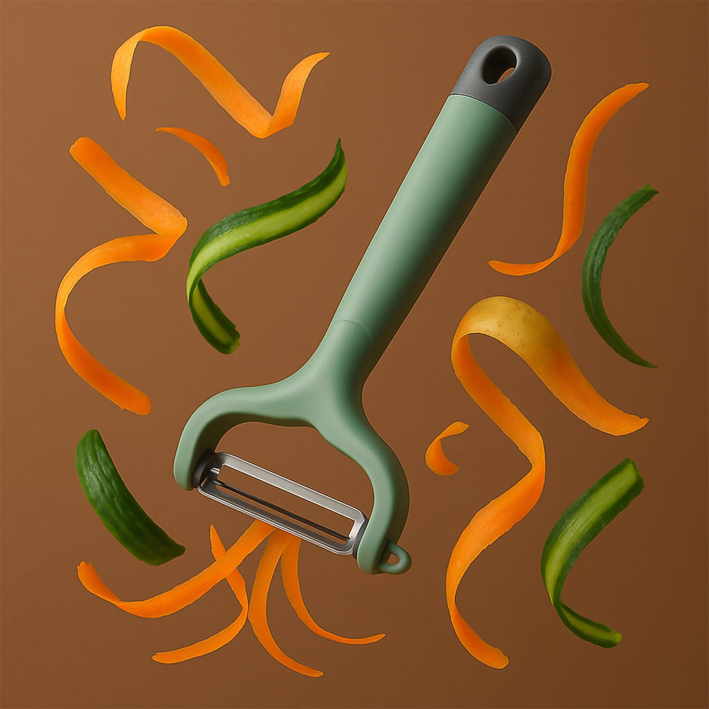 Compact vegetable peeler stored in kitchen drawer