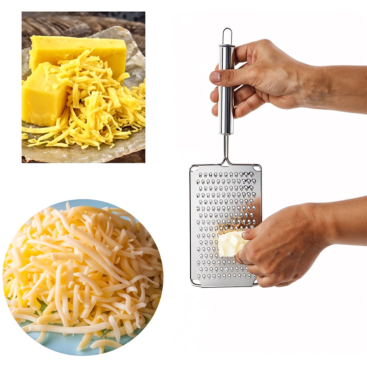 Side view of stainless steel vegetable grater featuring ergonomic handle