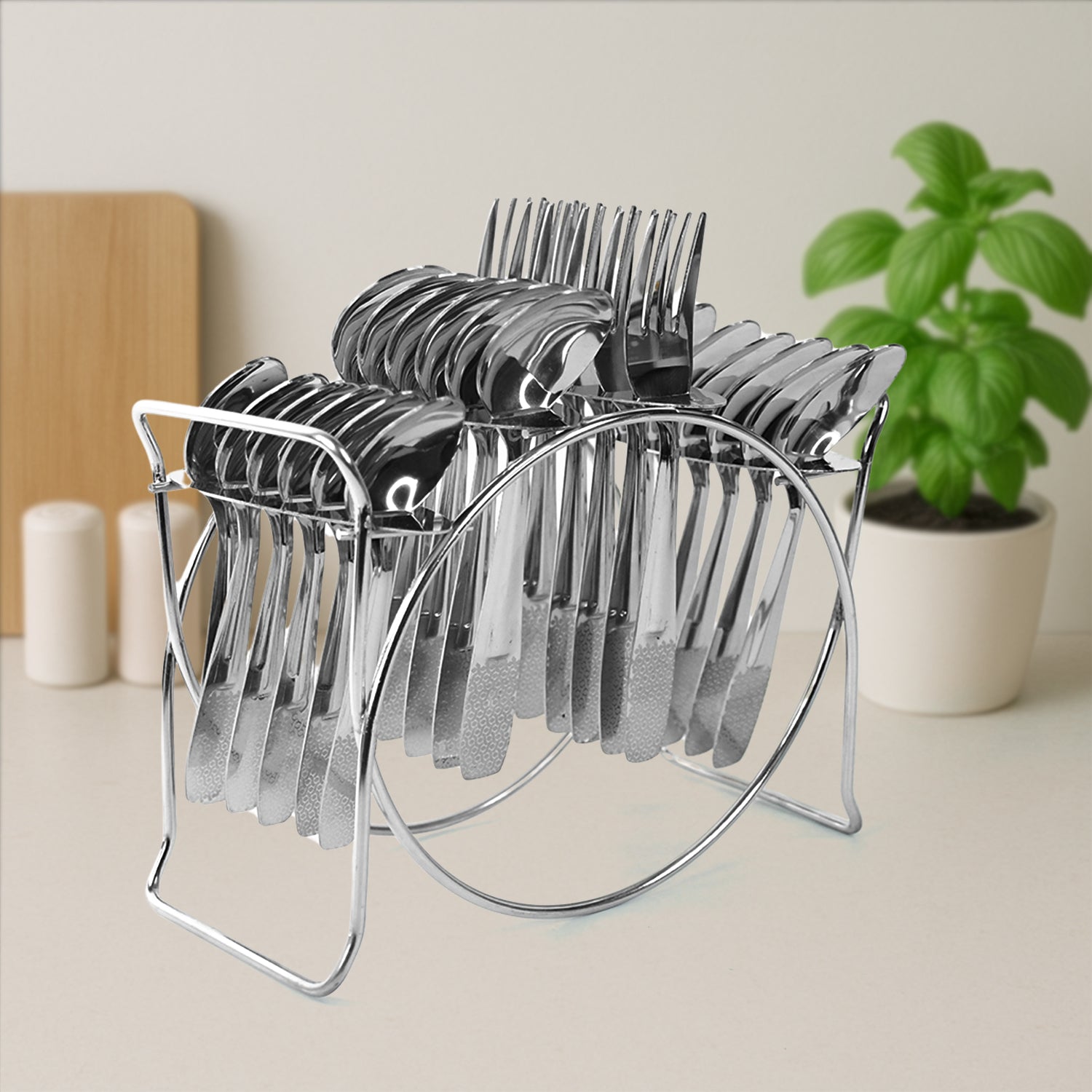 Complete 24-piece stainless steel cutlery set including spoons, forks, and knives