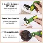 The compact brush head easily scrubbing the intricate grooves of a cup lid.