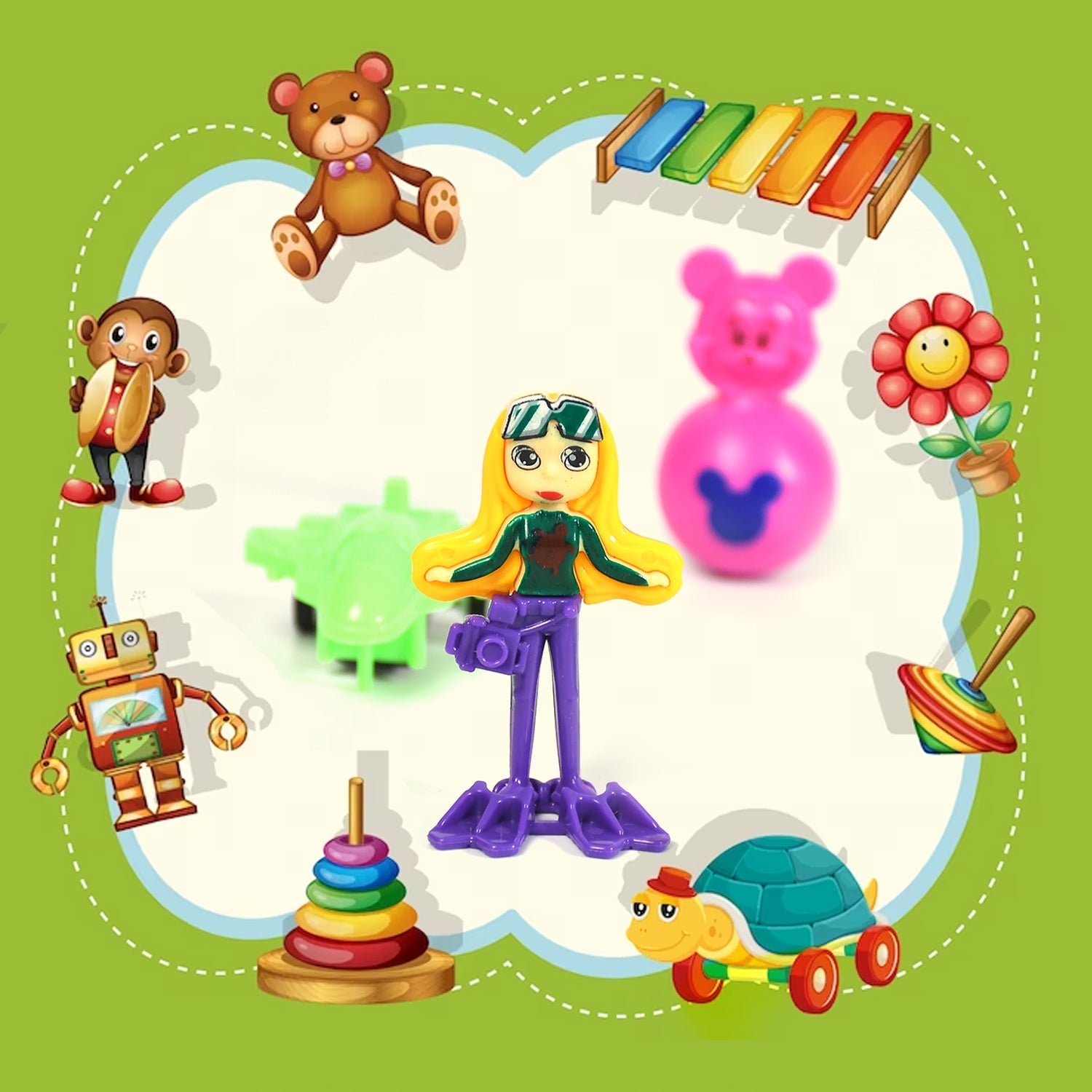 Colorful kids' toy set in a clear plastic pouch.