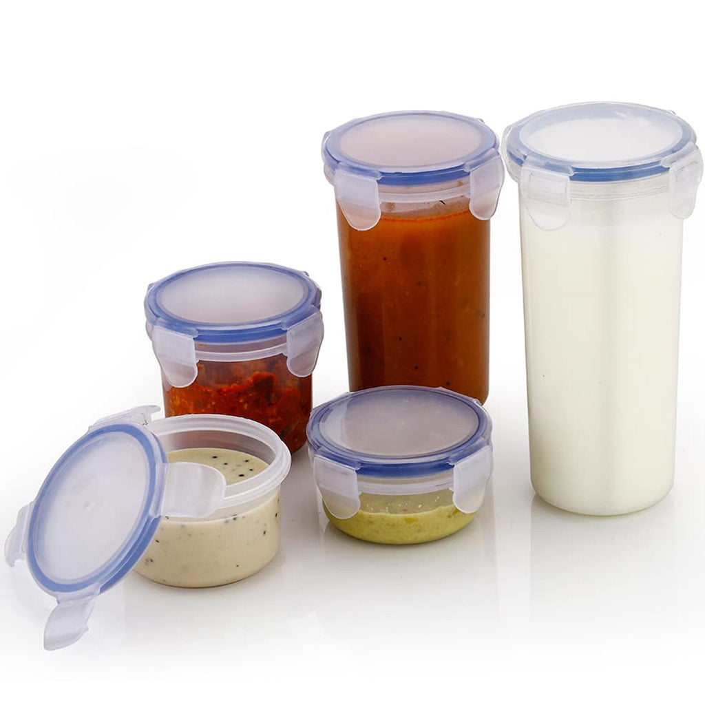 Transparent round airtight food storage containers with leak-proof locking lids, perfect for kitchen organisation.