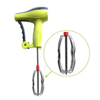 Close-up of the durable stainless steel blades of the manual hand blender.