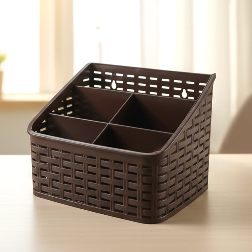 Desk organizer basket empty showing 5 compartments and woven texture