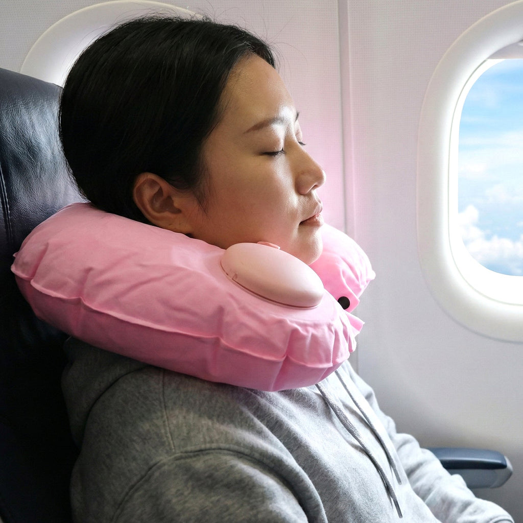 Side view of inflatable travel neck pillow showing manual air valve