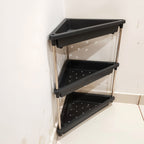 Plastic corner rack ready for storage of fruits and toiletries