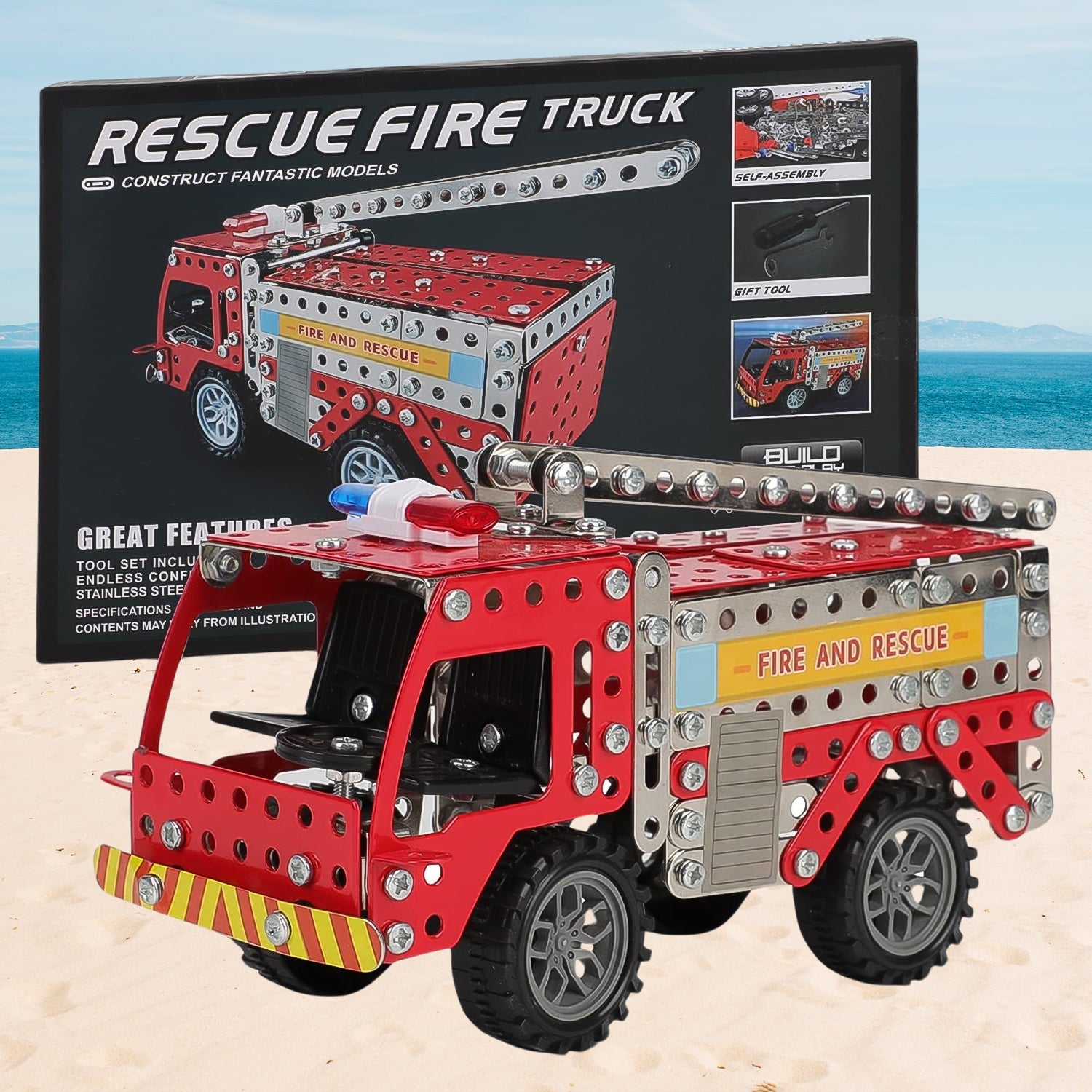 Metal Fire Truck Building Blocks set for kids, fully assembled.