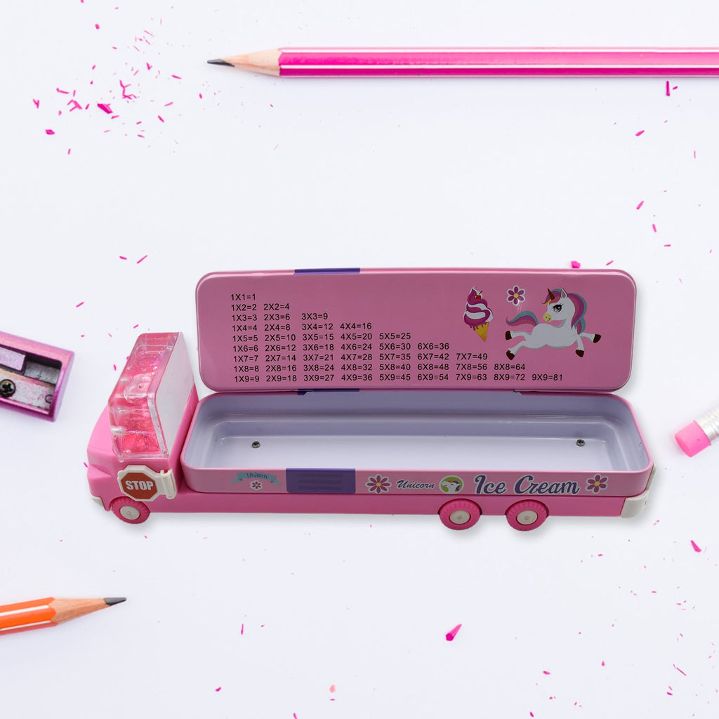 Front view of the detailed Kids Truck Pencil Case, showcasing its movable wheels and sturdy metal design.