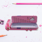 Front view of the detailed Kids Truck Pencil Case, showcasing its movable wheels and sturdy metal design.
