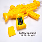 Close-up of the clear gear toy gun, highlighting its musical features and bright lights.