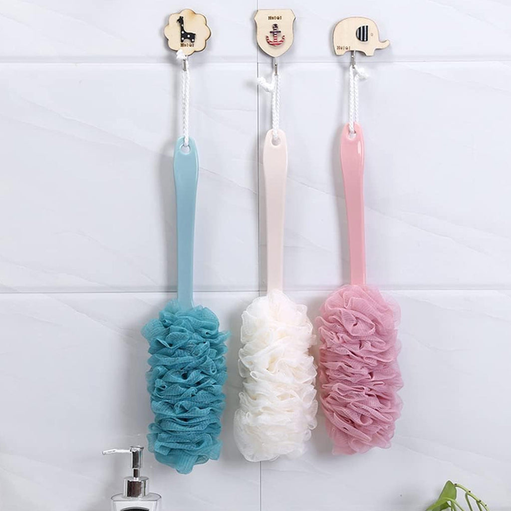 Soft nylon mesh body scrubber with an ergonomic long handle.