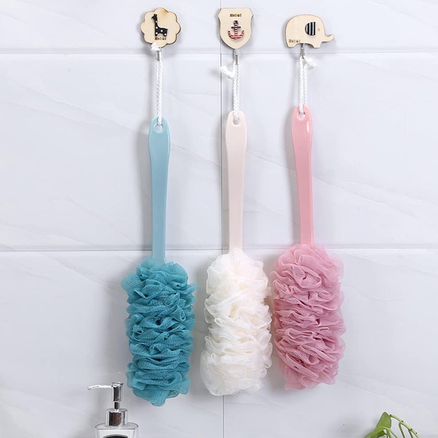 Soft nylon mesh body scrubber with an ergonomic long handle.