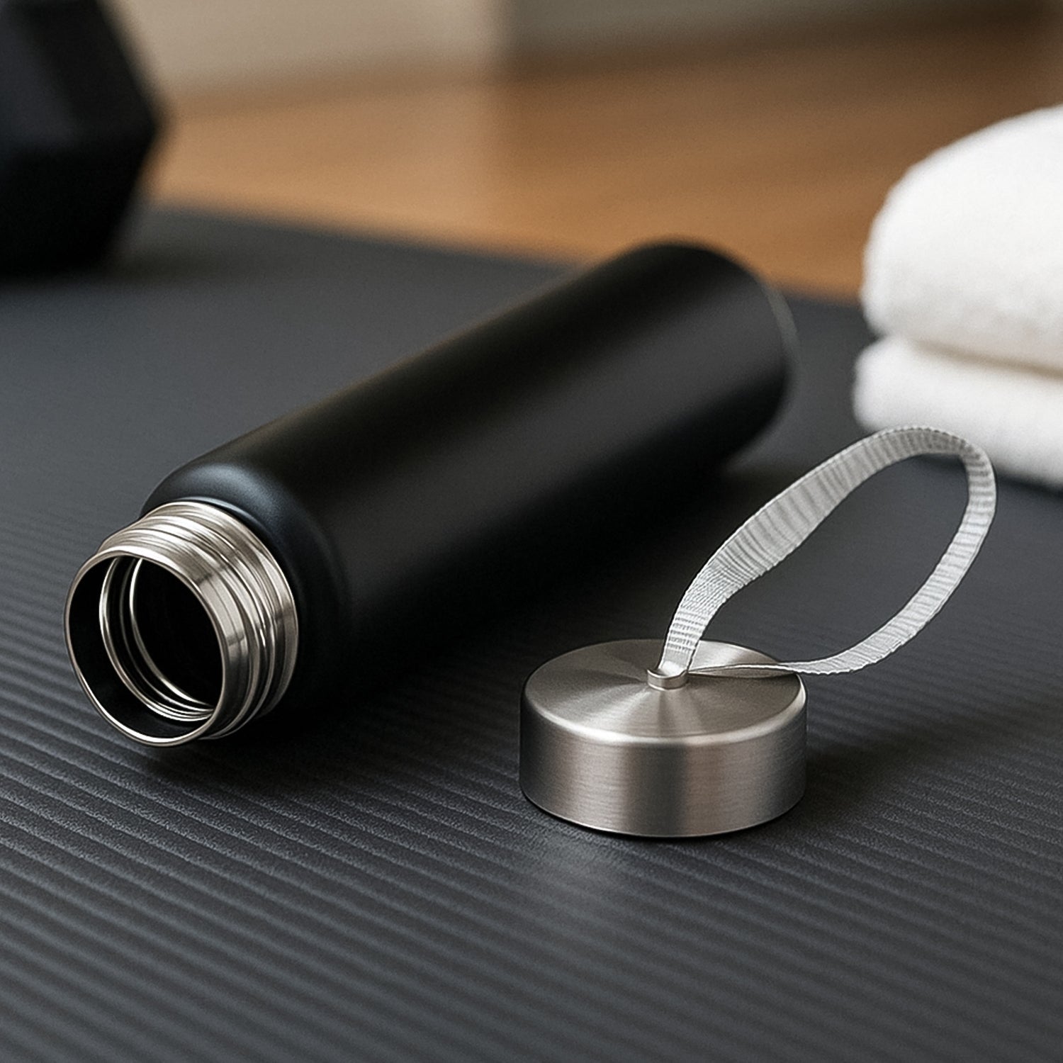 Matte black stainless steel water bottle with secure screw-top lid and strap