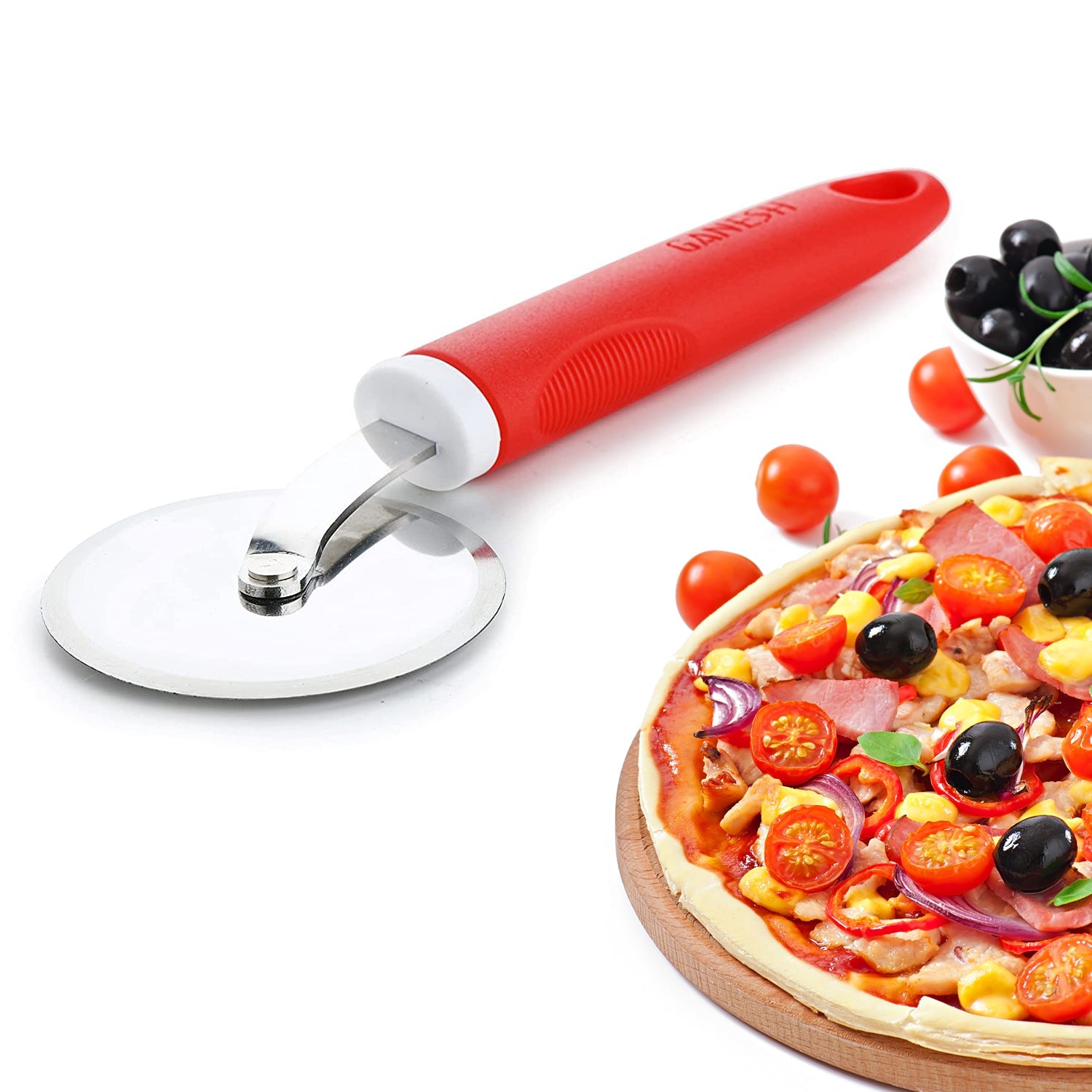 Ganesh pizza cutter in action, smoothly slicing a freshly baked pizza.