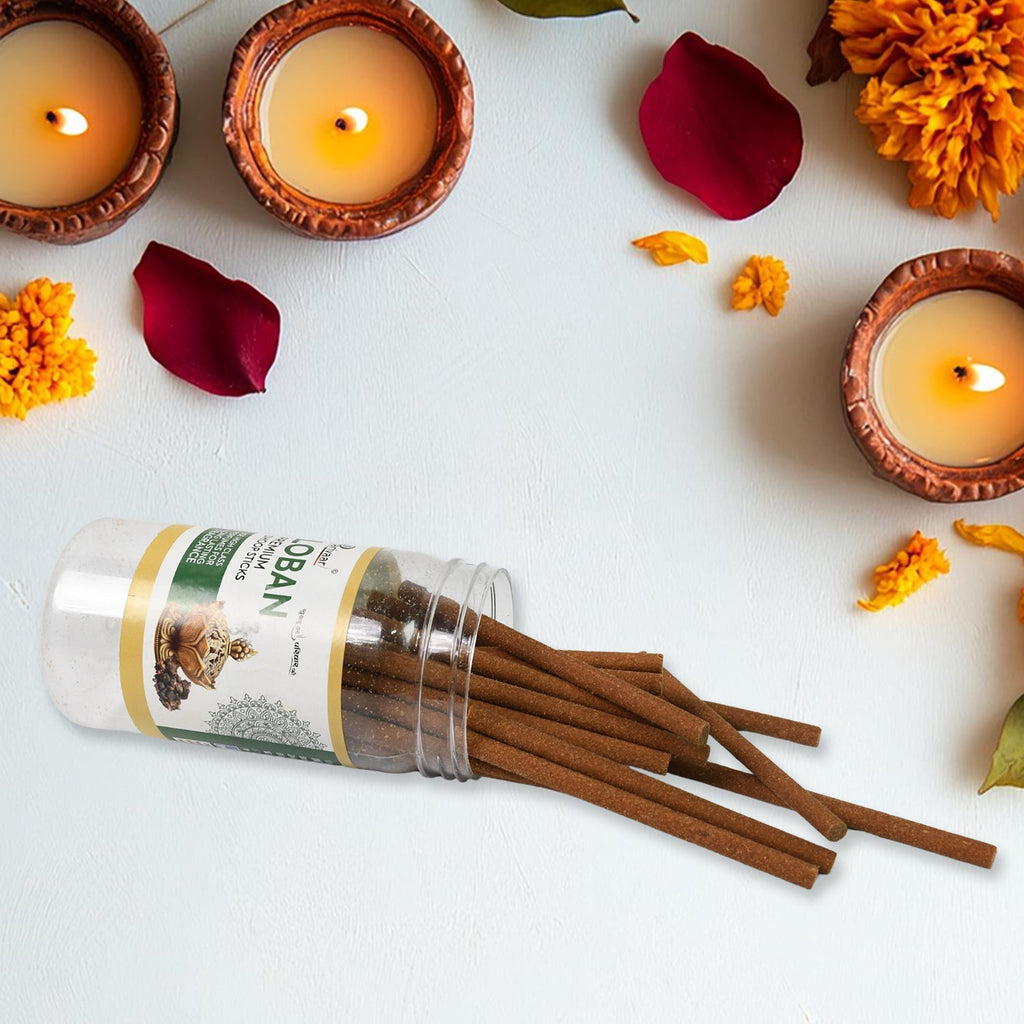  Loban Dhoop Sticks box, featuring branding and product details.