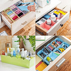 Stackable plastic storage boxes neatly organized in a drawer for maximum space.