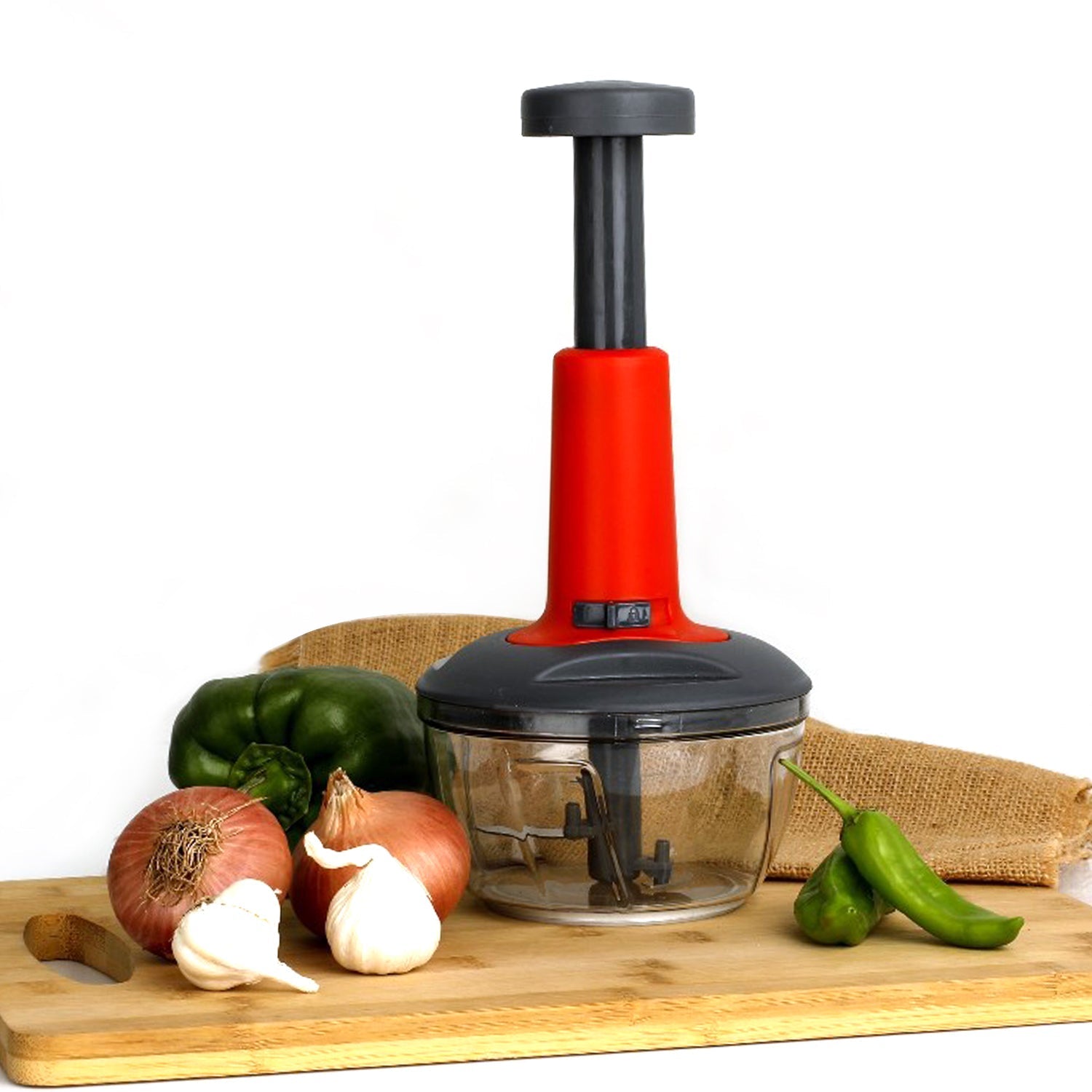 Quickslice Hand Press Chopper in matte finish, showcasing its compact design and three sharp blades.