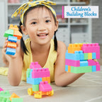 Close-up of the 60 multicolored building bricks from the children's play set.