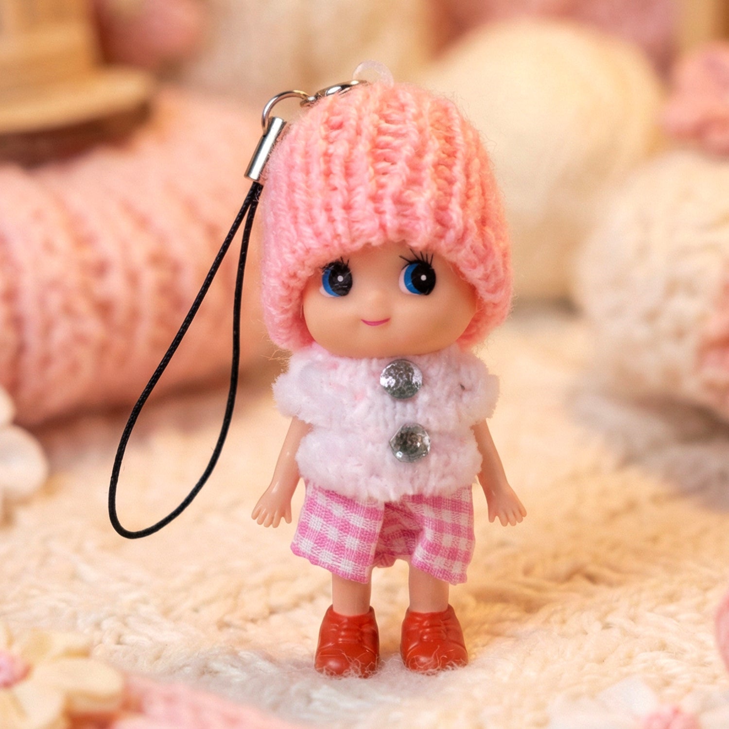 Side view of mini doll keychain showing knitted cap