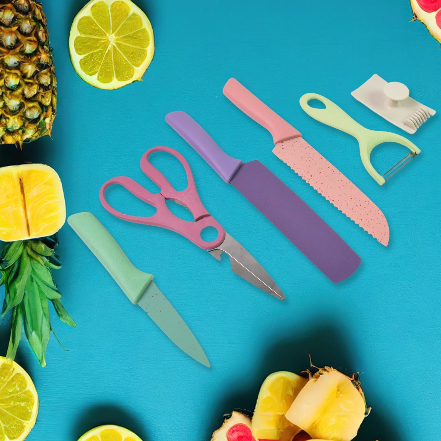 Close-up of CookAura's colorful kitchen knife set, highlighting blade details and vibrant handles.