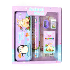 Open metal pencil box from the kids stationery kit, showcasing the complete school supplies.