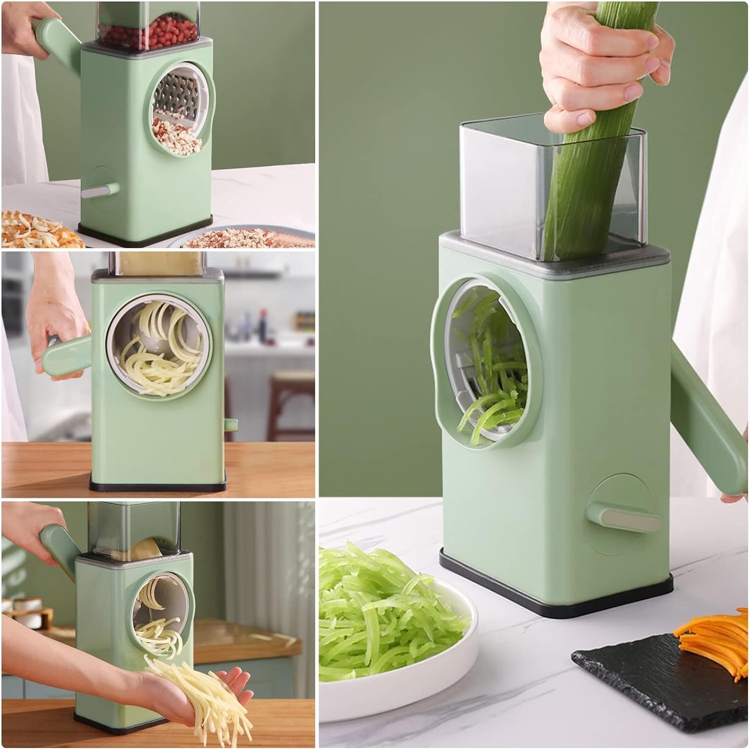 Stainless steel vegetable chopper with all 6 blades ready for use in a modern Indian kitchen.
