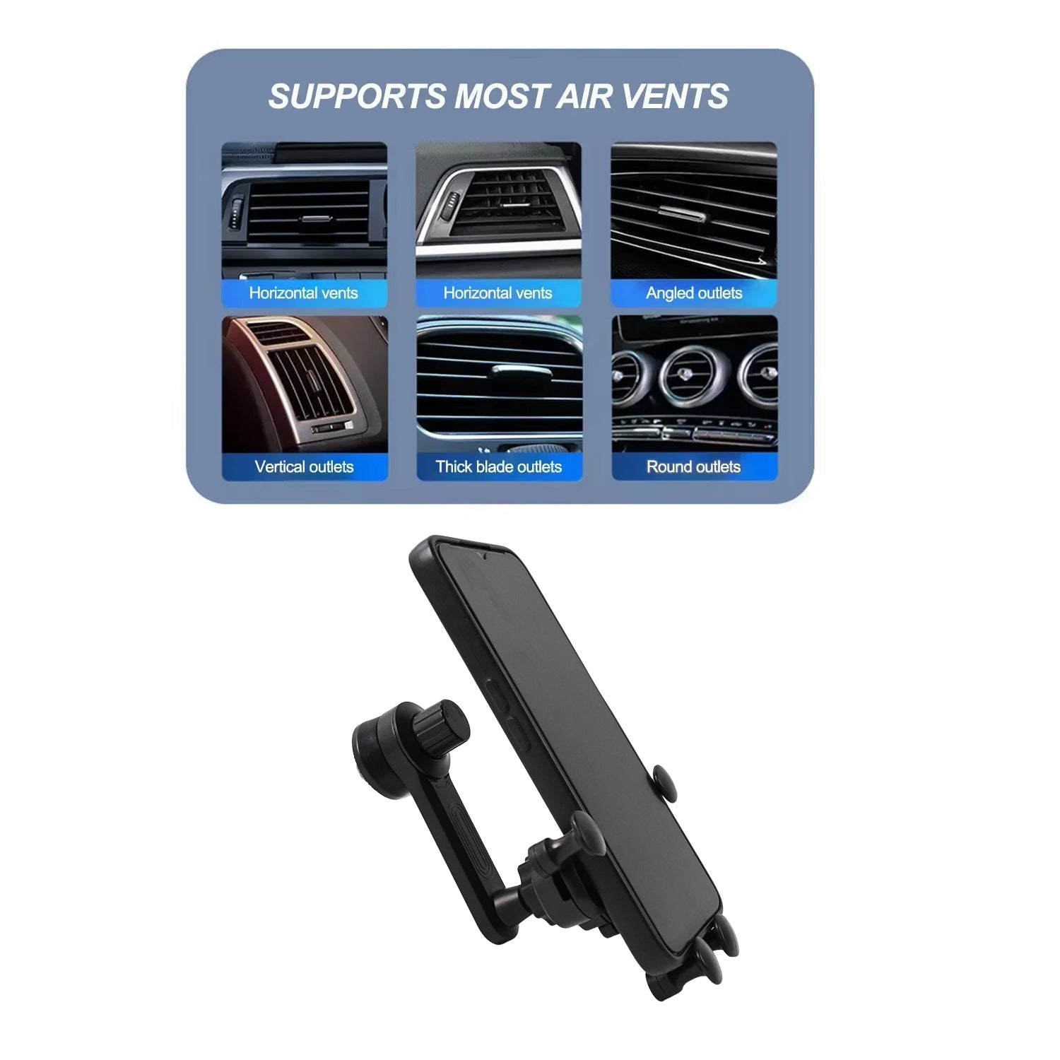 Close-up of the durable metal hook mechanism of the car phone holder attached to a vent.