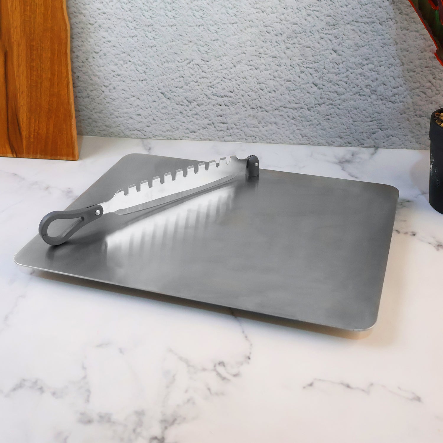 Supermom stainless steel multifunctional cut and chop slicer tool detailed view