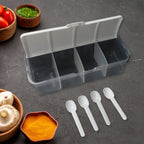 Top view of the versatile pickle jar with four compartments and matching spoons.