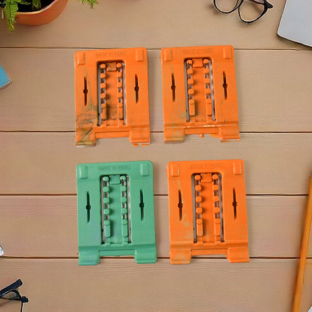 Close-up of foldable phone stand featuring four adjustable viewing angles