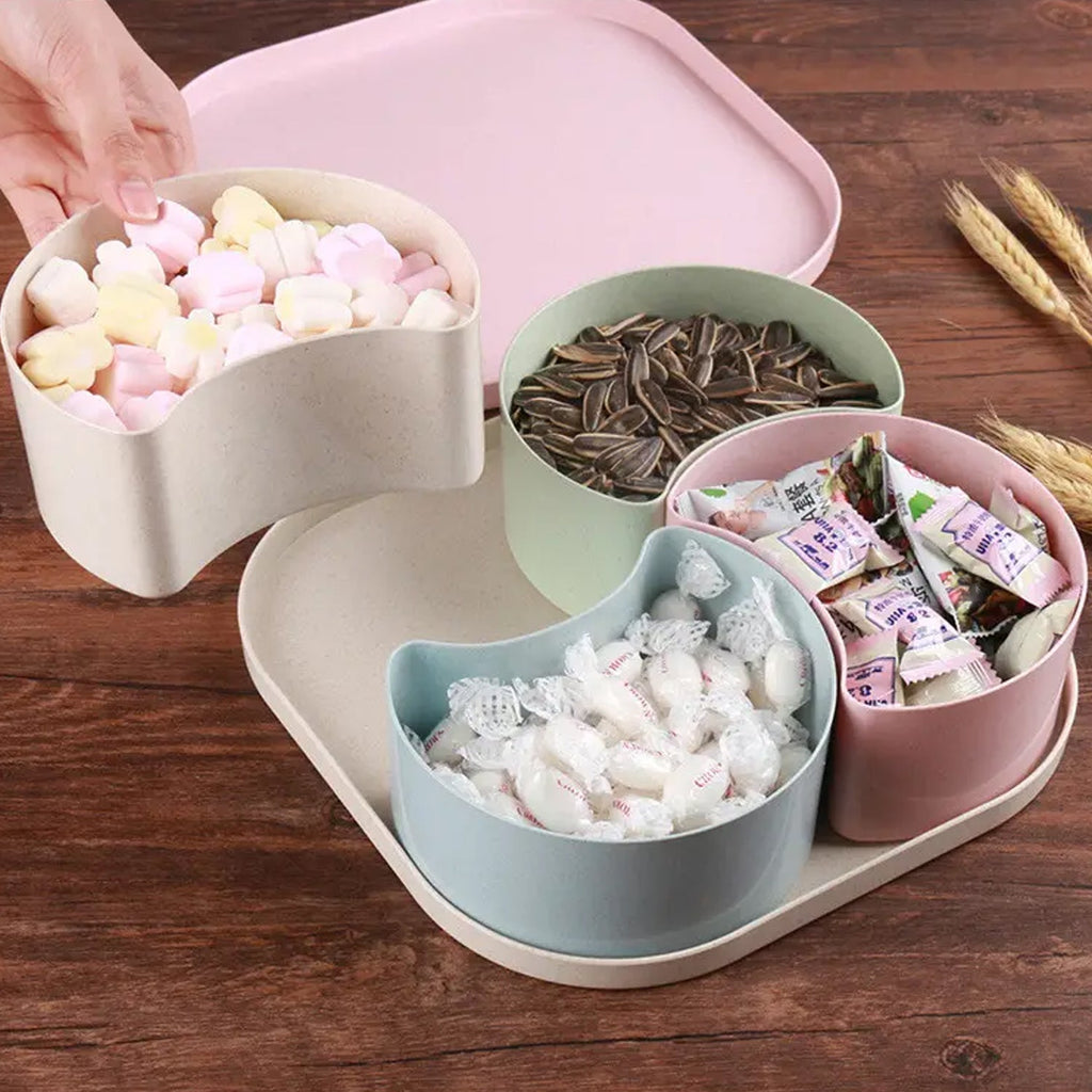 A vibrant Divided Snack Box with large compartments, perfect for serving candies and fruits at parties.