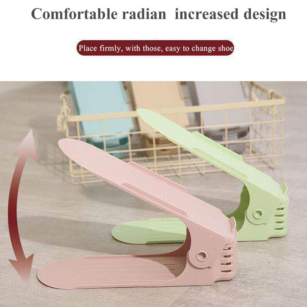 A folding shoe slot organizer demonstrating its adjustable height feature for different shoe types.