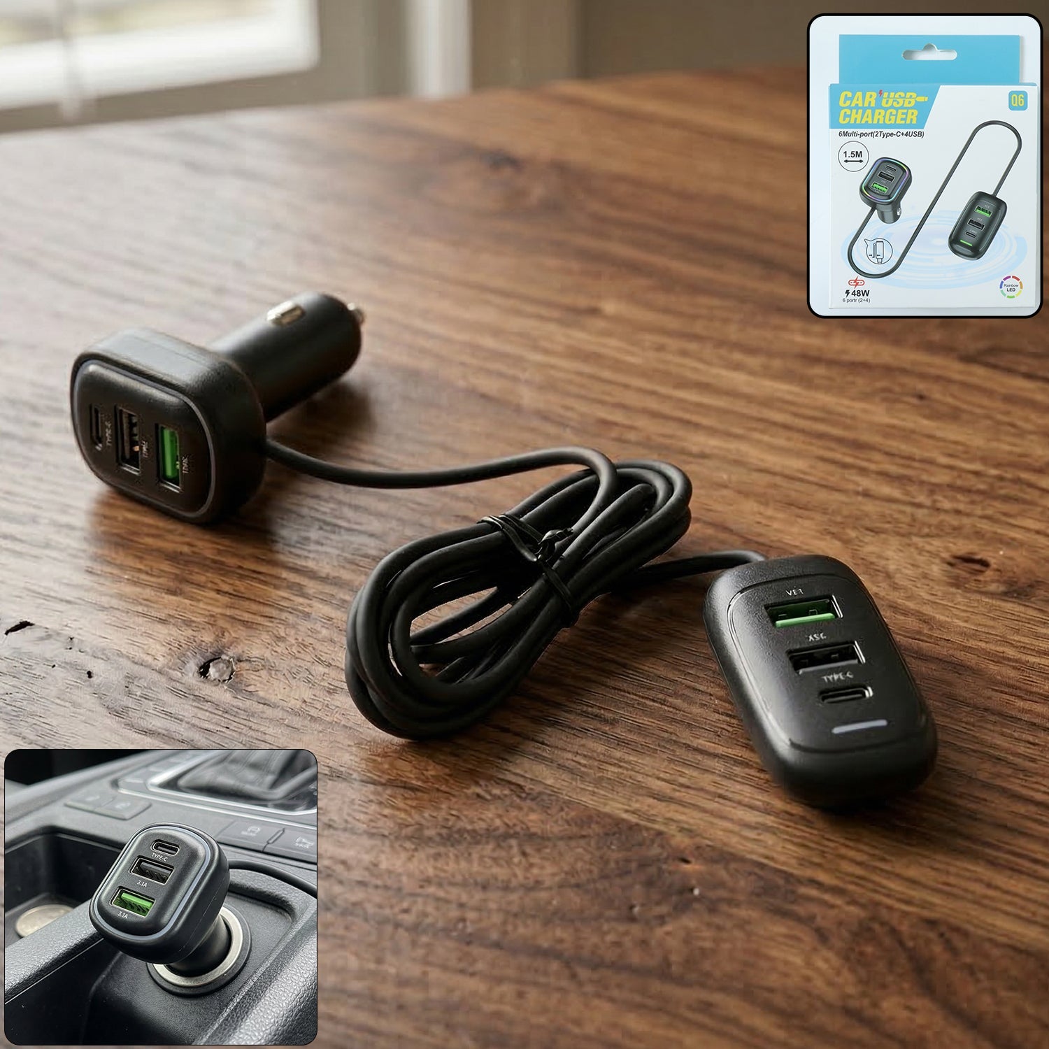 RGB breathing light multi port car USB charger with 1.5m cable