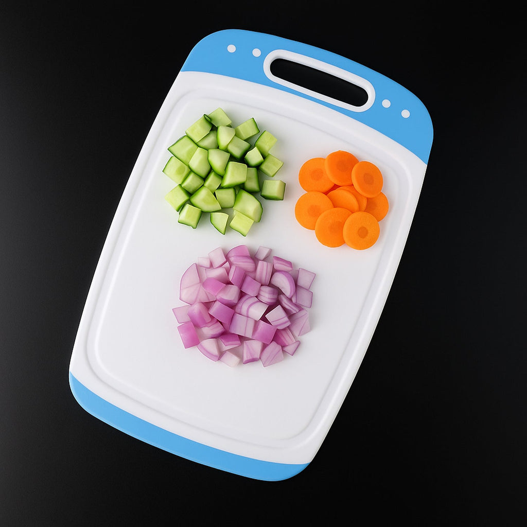 Pro Clean plastic chopping board with non-slip surface for safe vegetable preparation.