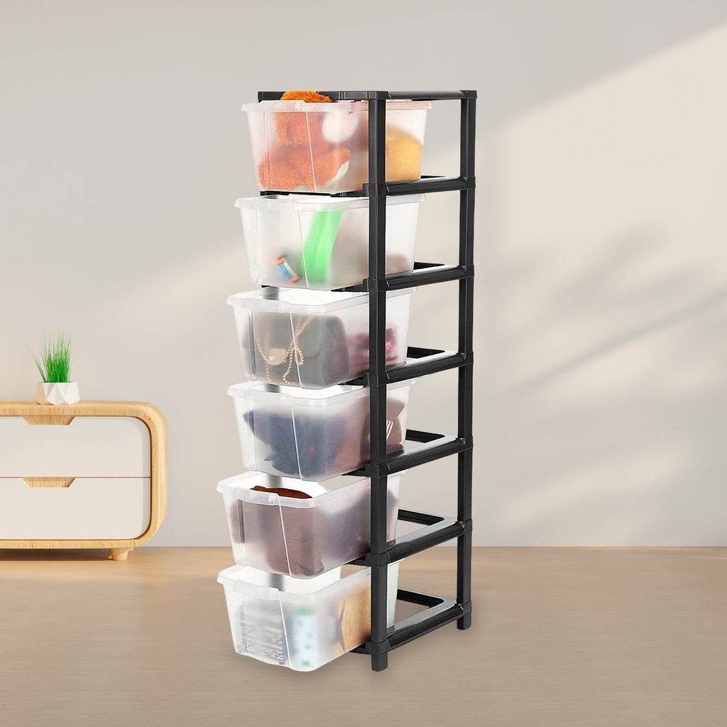 Close-up of modular plastic drawer storage cabinet with transparent drawers