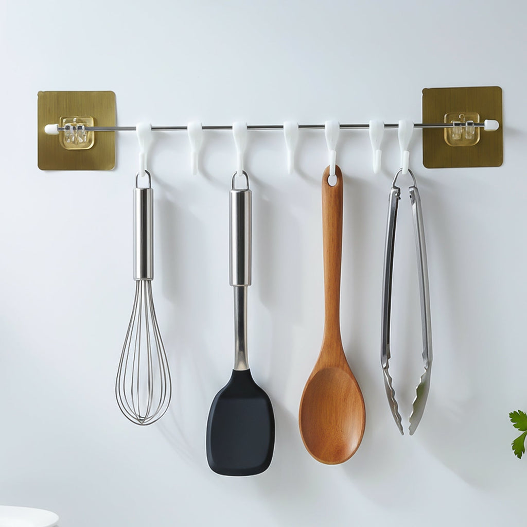 Wall mounted adhesive kitchen hook rack for utensils and towels