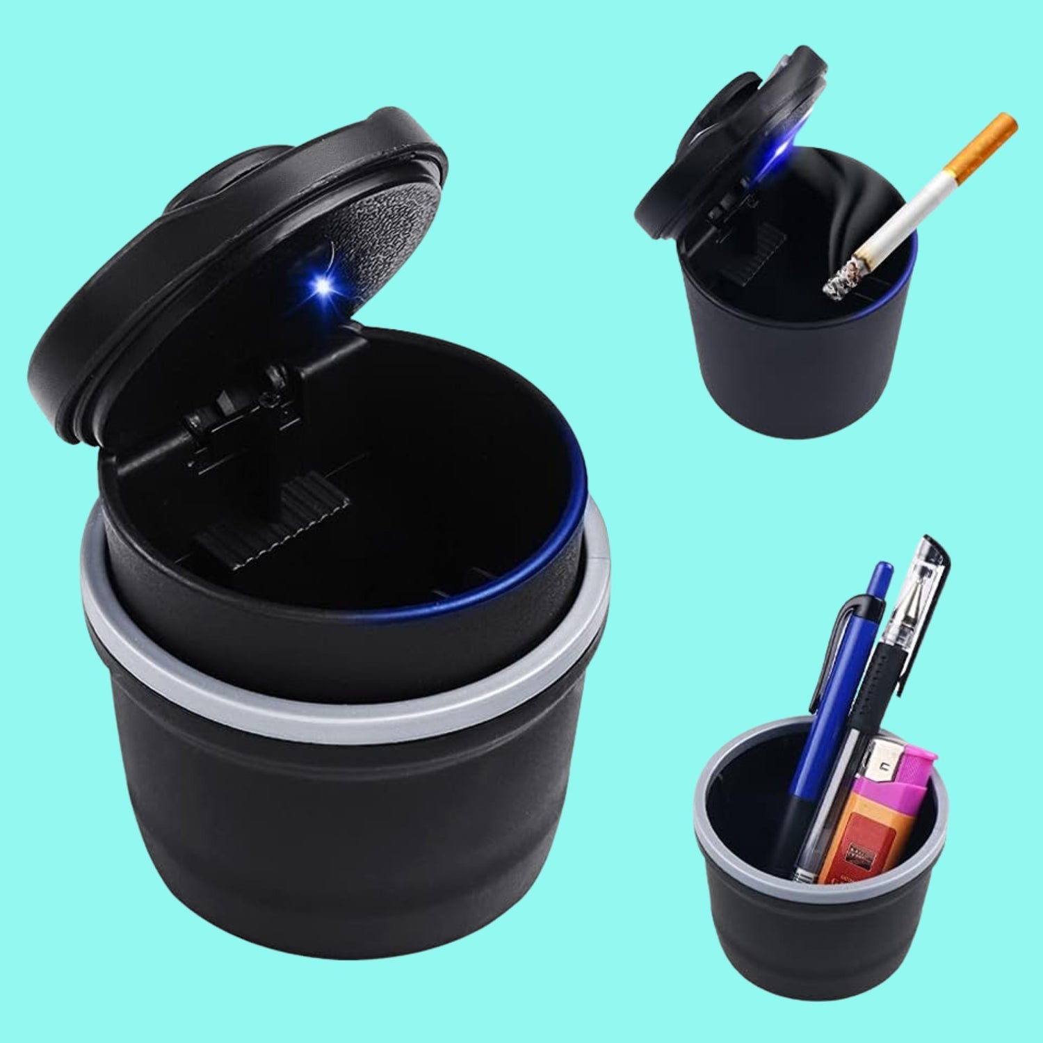 Cylinder style portable car ashtray with blue LED light on