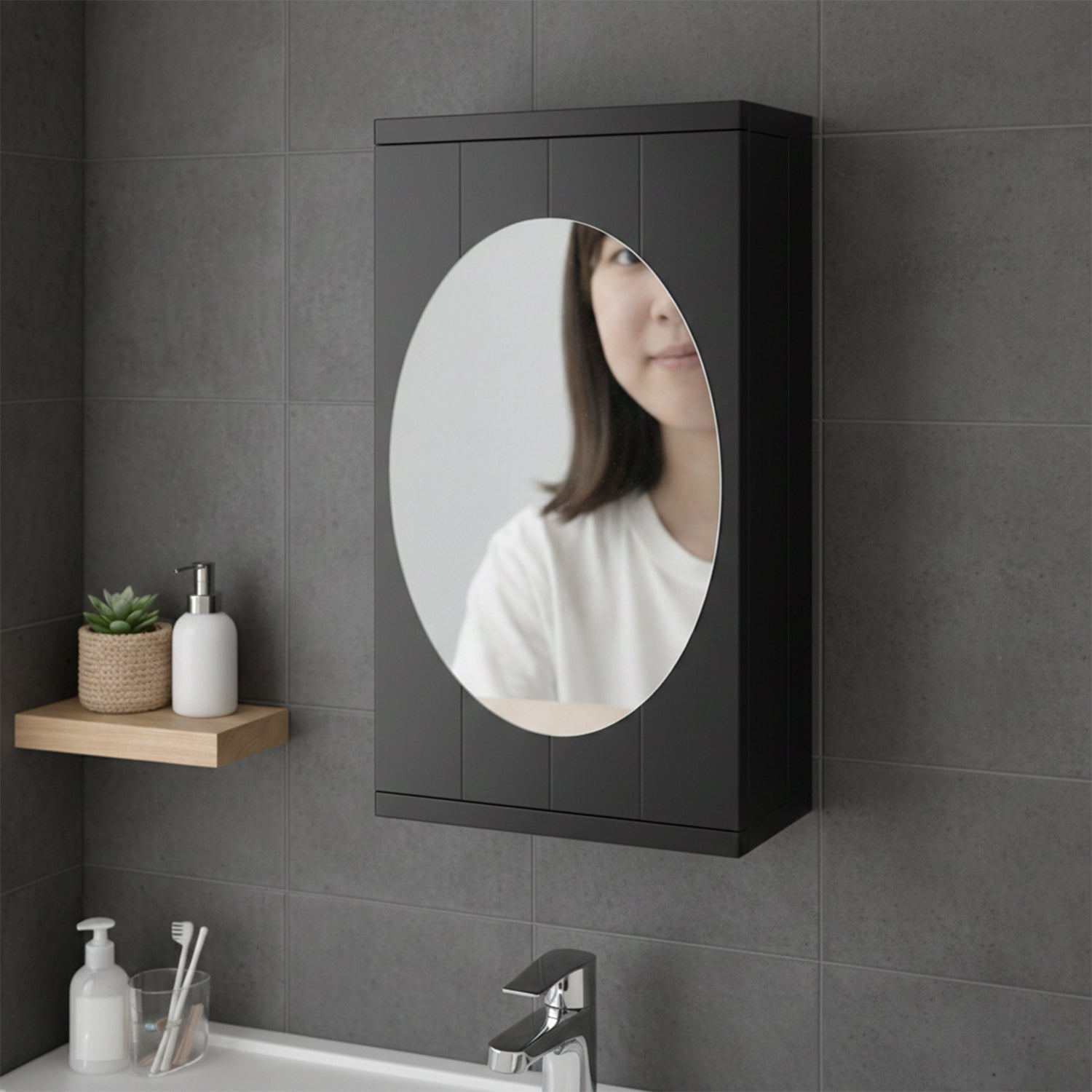 Modern black bathroom rotating organizer cabinet with multiple shelves