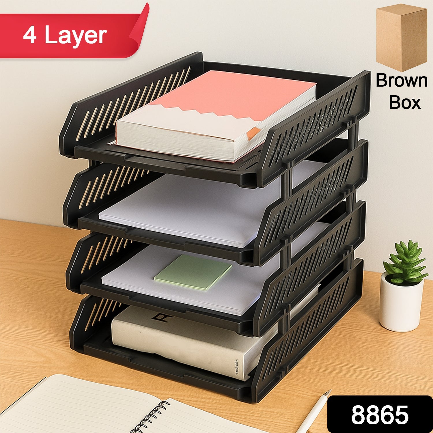 Close-up of the office file rack's drawers and layers organizing documents.