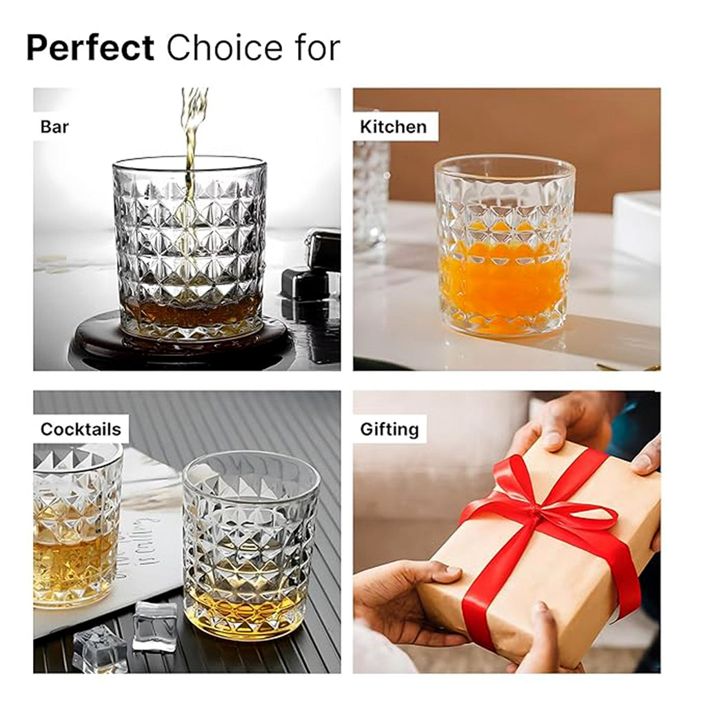 Overhead view of the six-piece glass tumbler set, emphasizing the uniform and premium craftsmanship.
