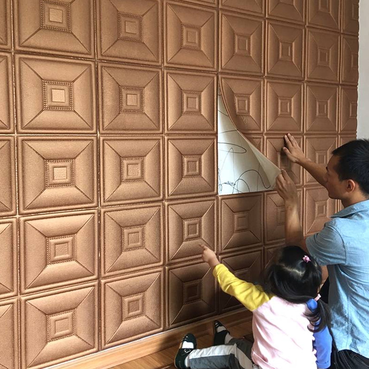 Installation example of 3D foam ceiling tiles for an updated look.