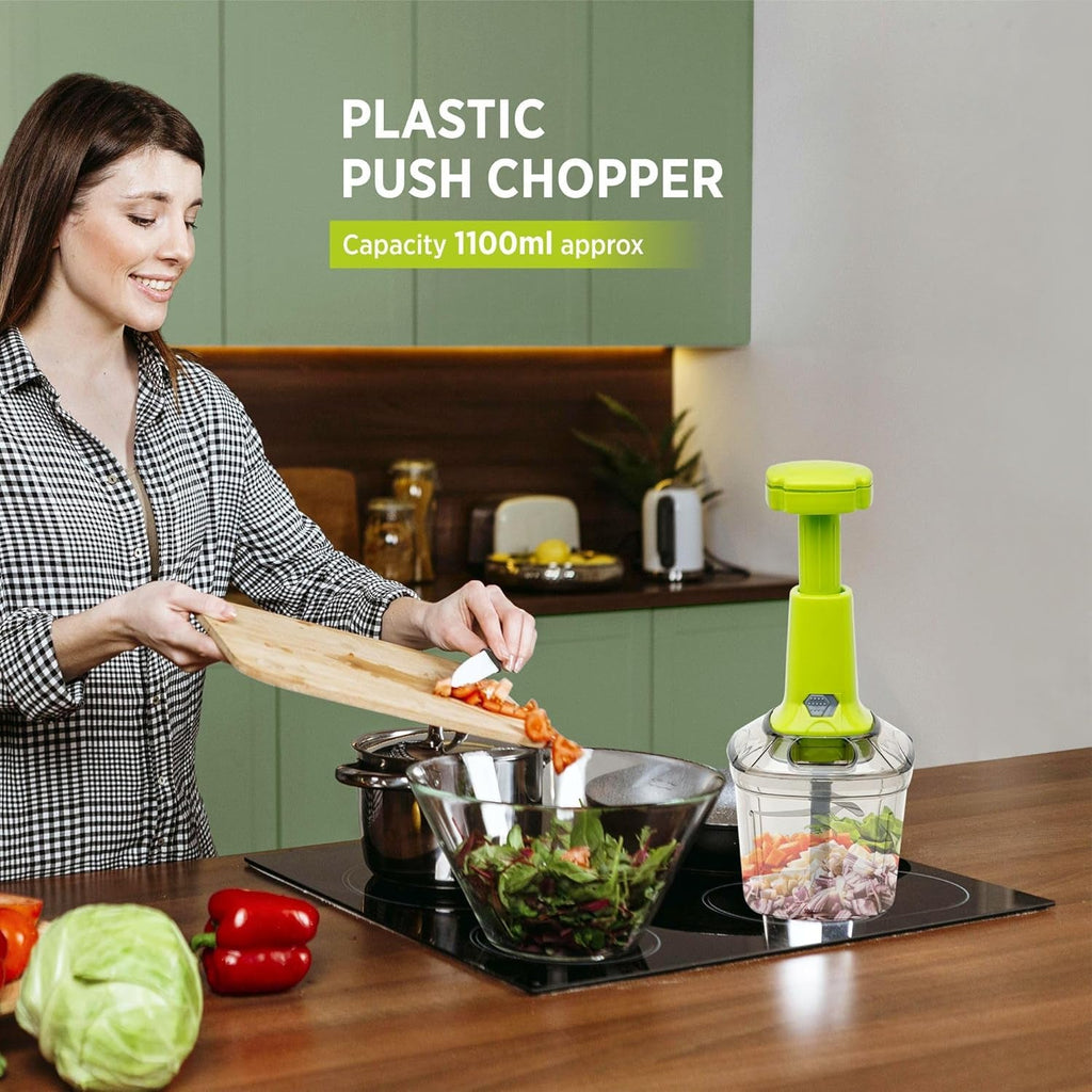 Side view of the manual vegetable chopper, showcasing its comfortable and ergonomic push handle.
